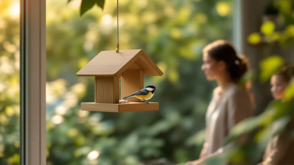 A chickadee visits a wooden bird feeder while a person watches from inside