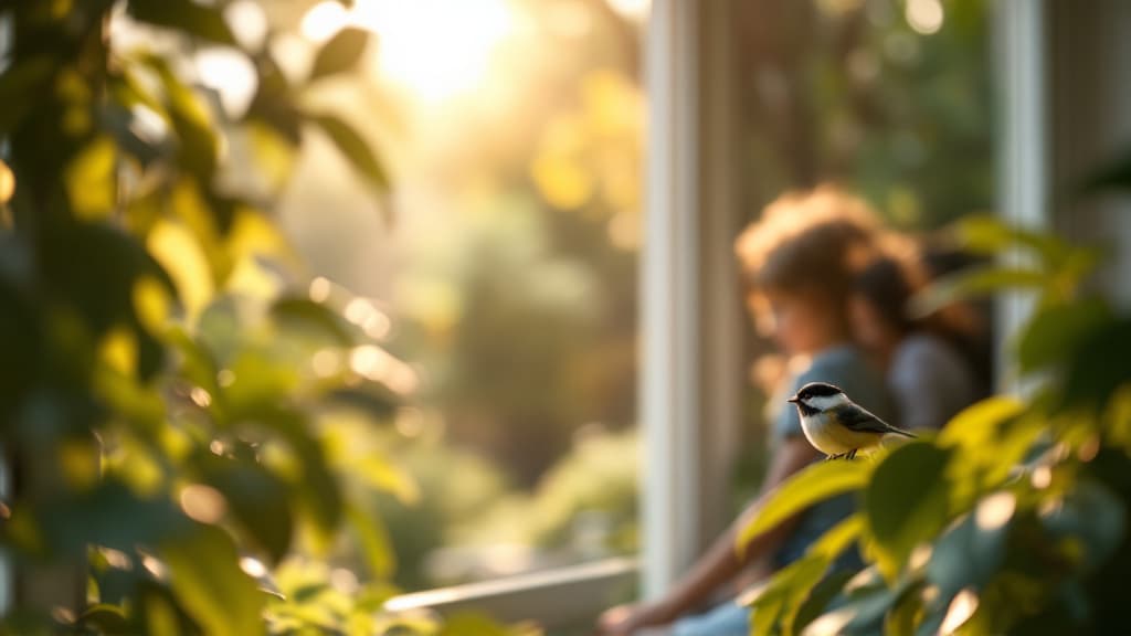 A family watches a chickadee through a window in warm golden light