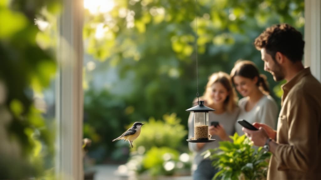 A family holds phones and watches a bird visit the AviaryLens feeder